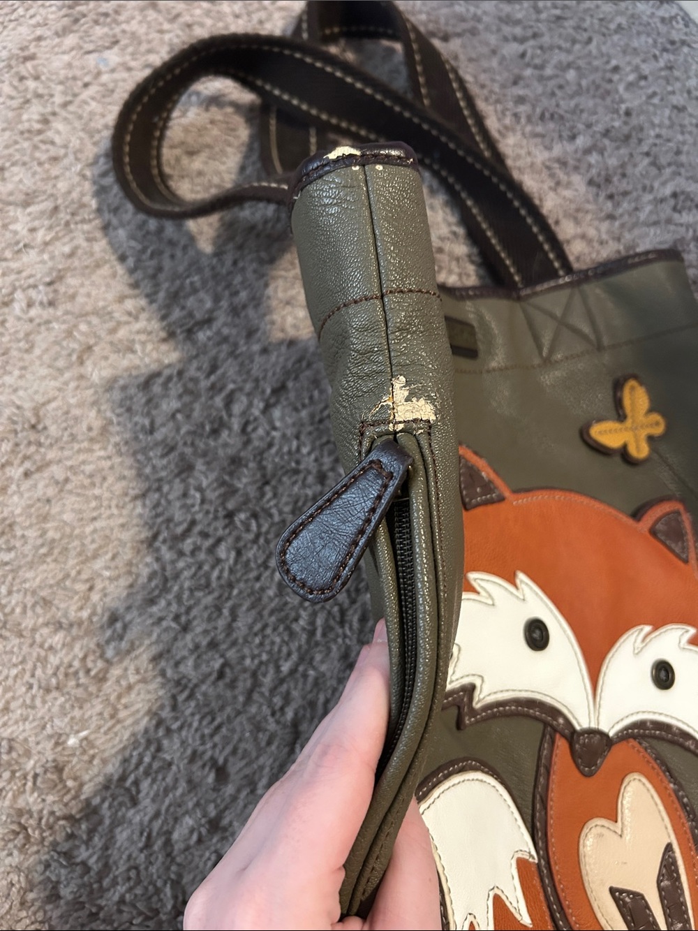 Chala Olive and Orange Fox Appliqué Tote - Picture 2 of 6